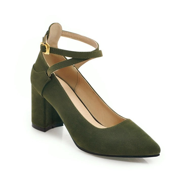 Women Pointed Toe Ankle Strap Block Heels Pumps