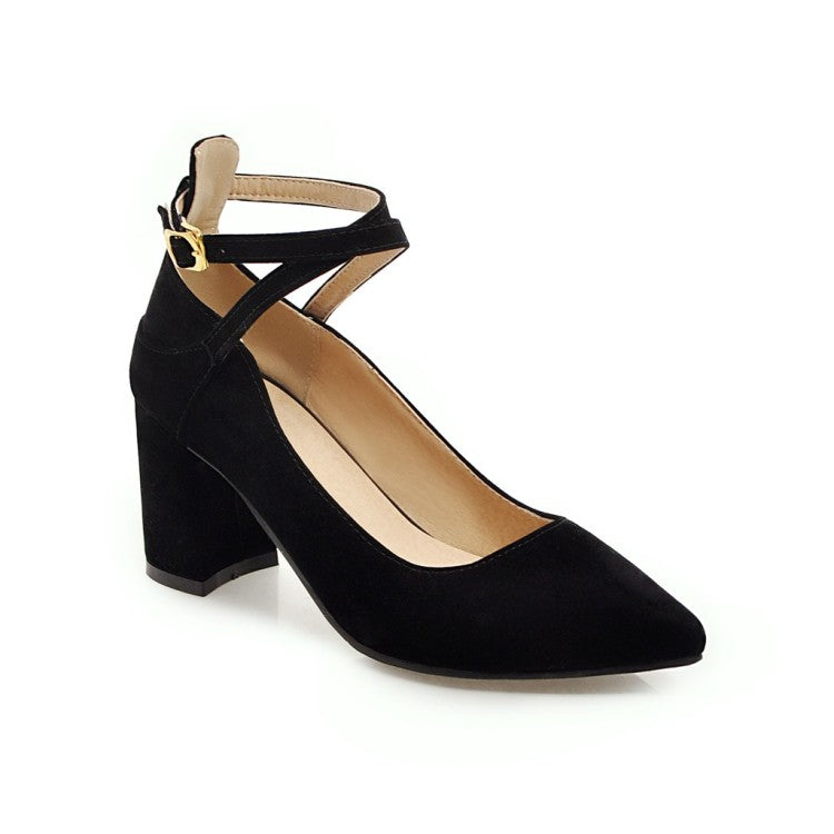 Women Pointed Toe Ankle Strap Block Heels Pumps
