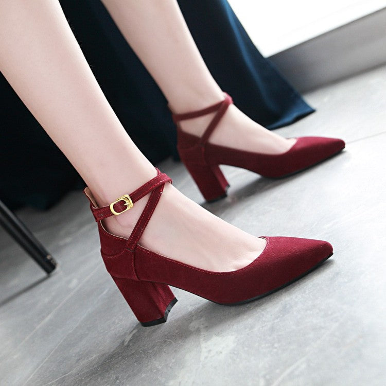 Women Pointed Toe Ankle Strap Block Heels Pumps