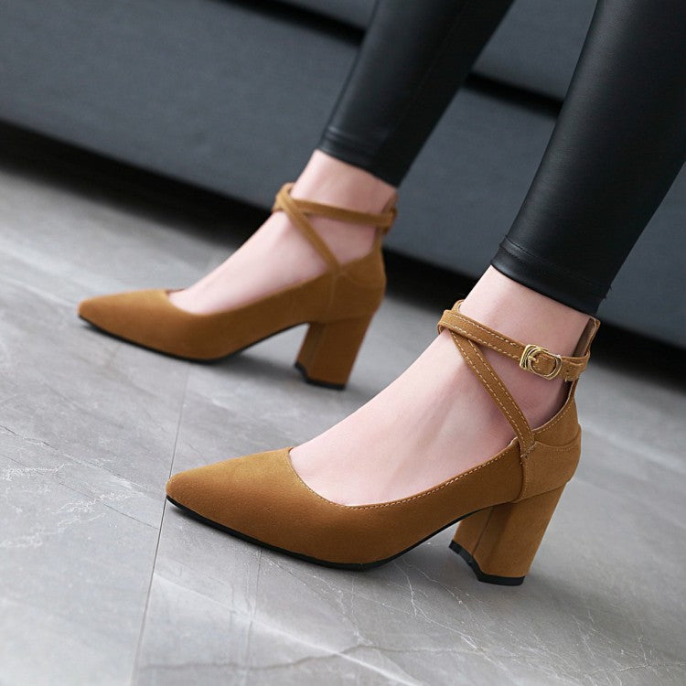Women Pointed Toe Ankle Strap Block Heels Pumps