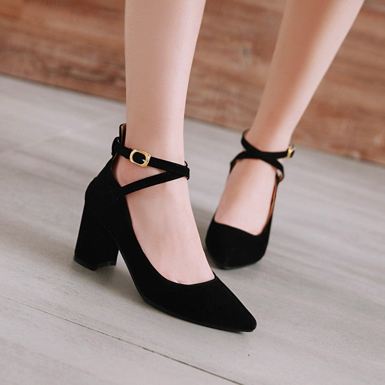 Women Pointed Toe Ankle Strap Block Heels Pumps