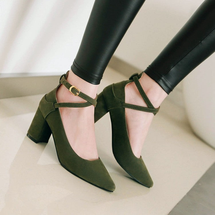 Women Pointed Toe Ankle Strap Block Heels Pumps