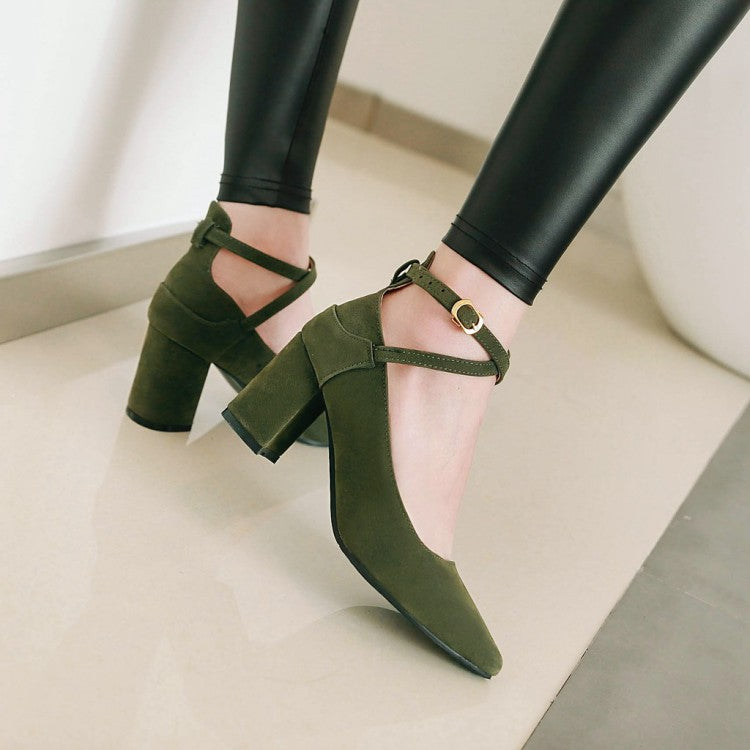 Women Pointed Toe Ankle Strap Block Heels Pumps