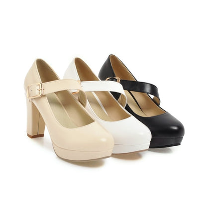 Women Buckle Belt High Heels Chunky Platform Pumps