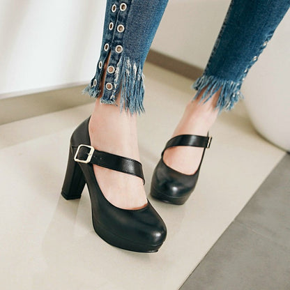 Women Buckle Belt High Heels Chunky Platform Pumps