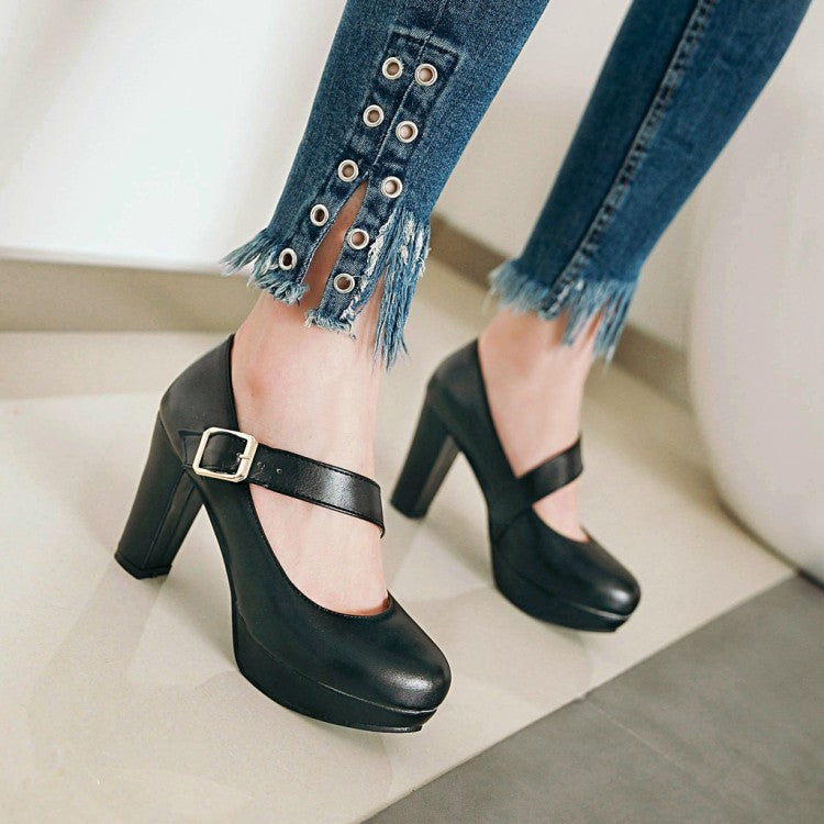 Women Buckle Belt High Heels Chunky Platform Pumps