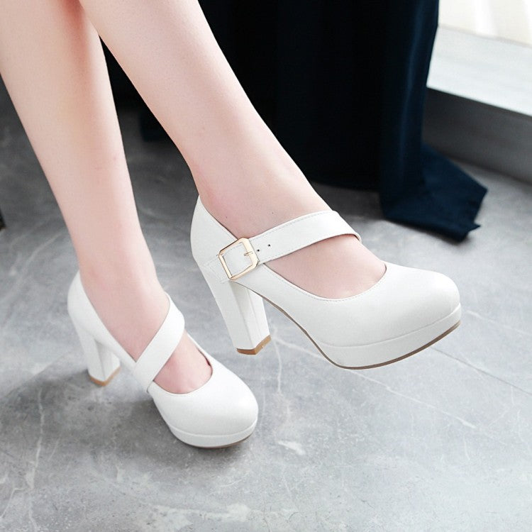 Women Buckle Belt High Heels Chunky Platform Pumps