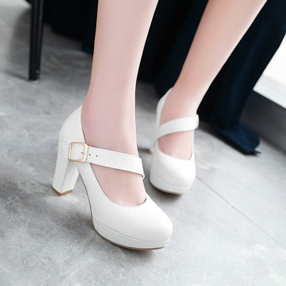 Women Buckle Belt High Heels Chunky Platform Pumps