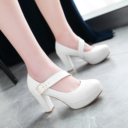 Women Buckle Belt High Heels Chunky Platform Pumps