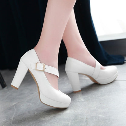 Women Buckle Belt High Heels Chunky Platform Pumps