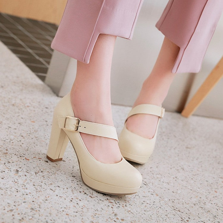 Women Buckle Belt High Heels Chunky Platform Pumps