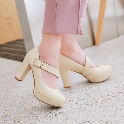 Women Buckle Belt High Heels Chunky Platform Pumps