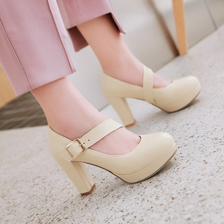 Women Buckle Belt High Heels Chunky Platform Pumps