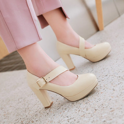 Women Buckle Belt High Heels Chunky Platform Pumps