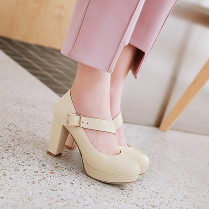 Women Buckle Belt High Heels Chunky Platform Pumps