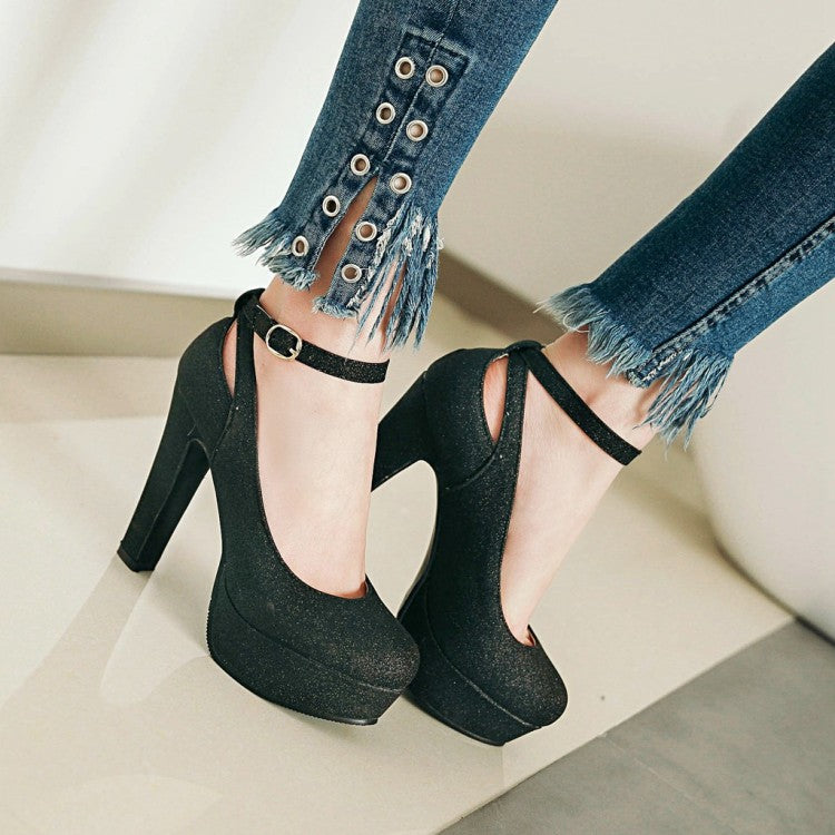 Women Ankle Strap High Heels Chunky Platform Pumps