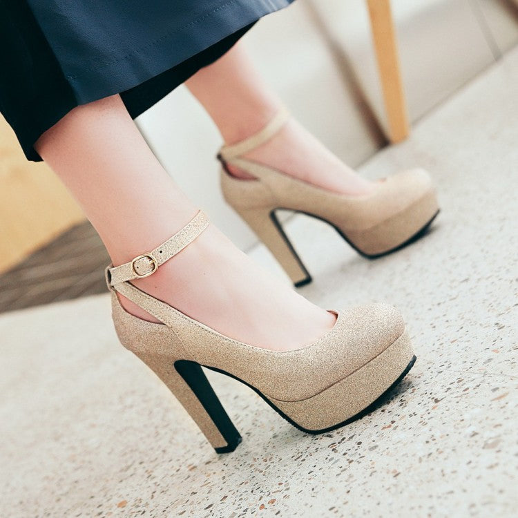 Women Ankle Strap High Heels Chunky Platform Pumps