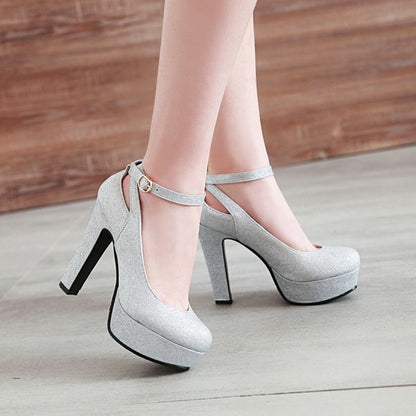 Women Ankle Strap High Heels Chunky Platform Pumps