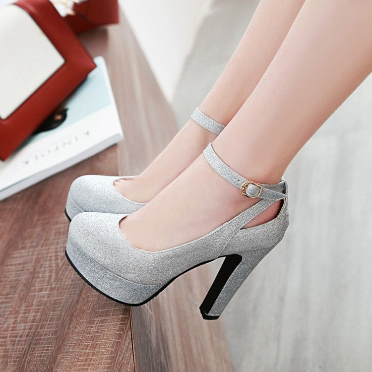 Women Ankle Strap High Heels Chunky Platform Pumps