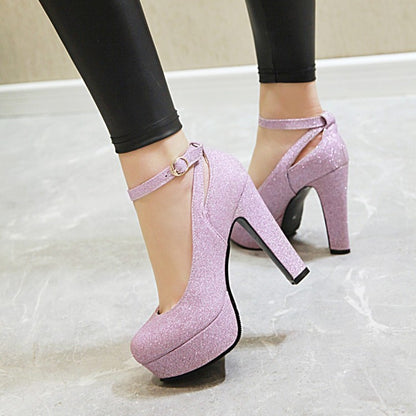 Women Ankle Strap High Heels Chunky Platform Pumps