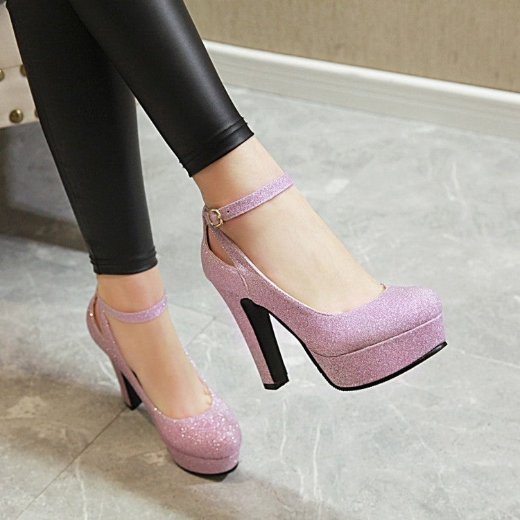 Women Ankle Strap High Heels Chunky Platform Pumps