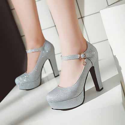 Women Glitter High Heels Chunky Platform Pumps