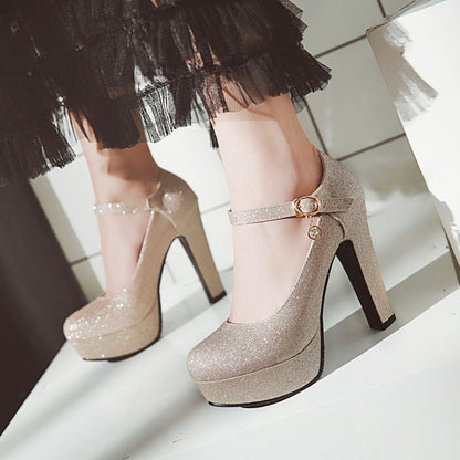 Women Glitter High Heels Chunky Platform Pumps