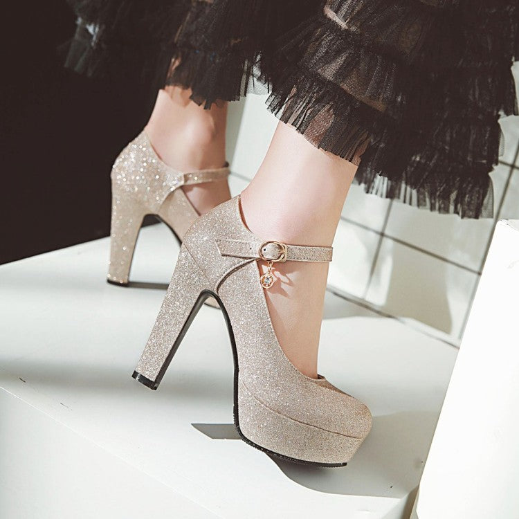 Women Glitter High Heels Chunky Platform Pumps