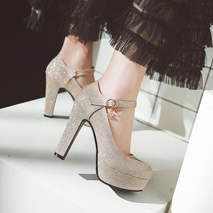 Women Glitter High Heels Chunky Platform Pumps