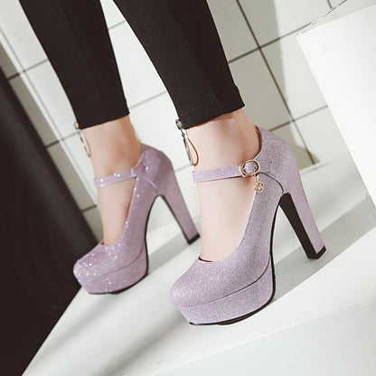 Women Glitter High Heels Chunky Platform Pumps