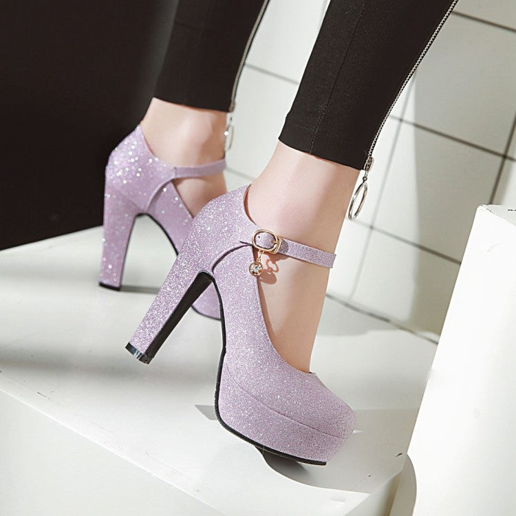 Women Glitter High Heels Chunky Platform Pumps