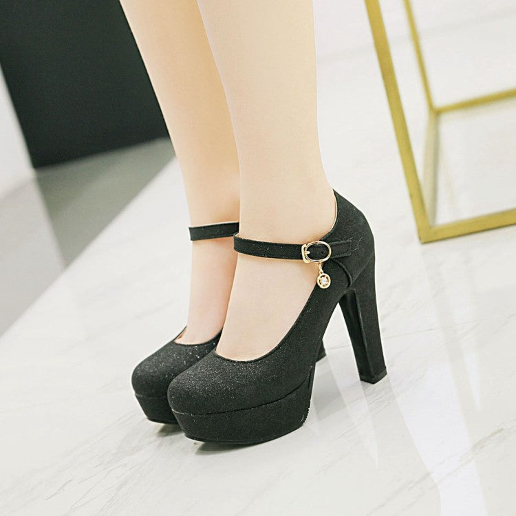 Women Glitter High Heels Chunky Platform Pumps