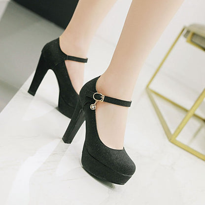 Women Glitter High Heels Chunky Platform Pumps