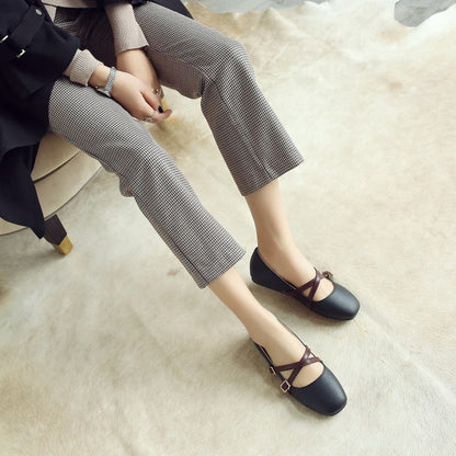 Women Solid Color Square Toe Cross Strap Ballet Flat Shoes