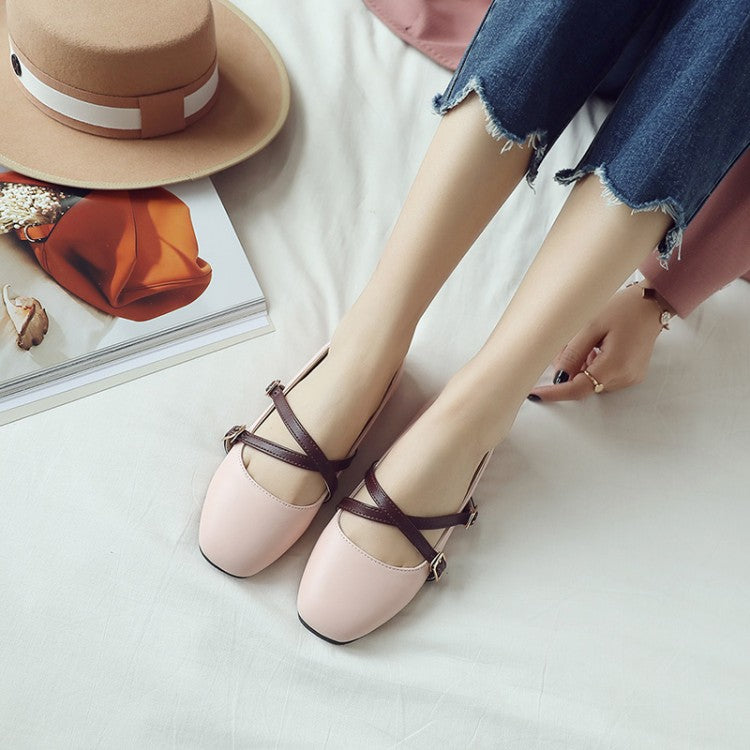 Women Solid Color Square Toe Cross Strap Ballet Flat Shoes