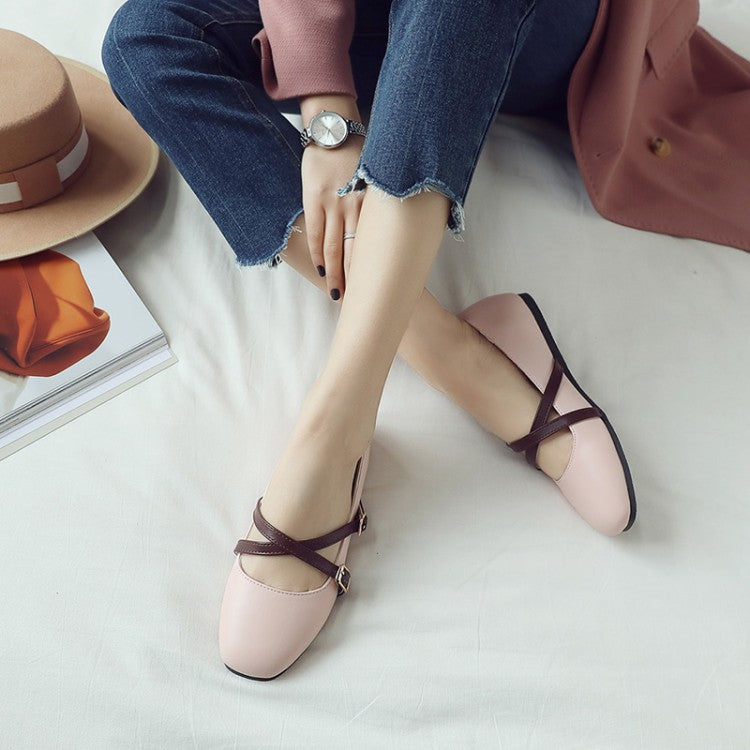 Women Solid Color Square Toe Cross Strap Ballet Flat Shoes