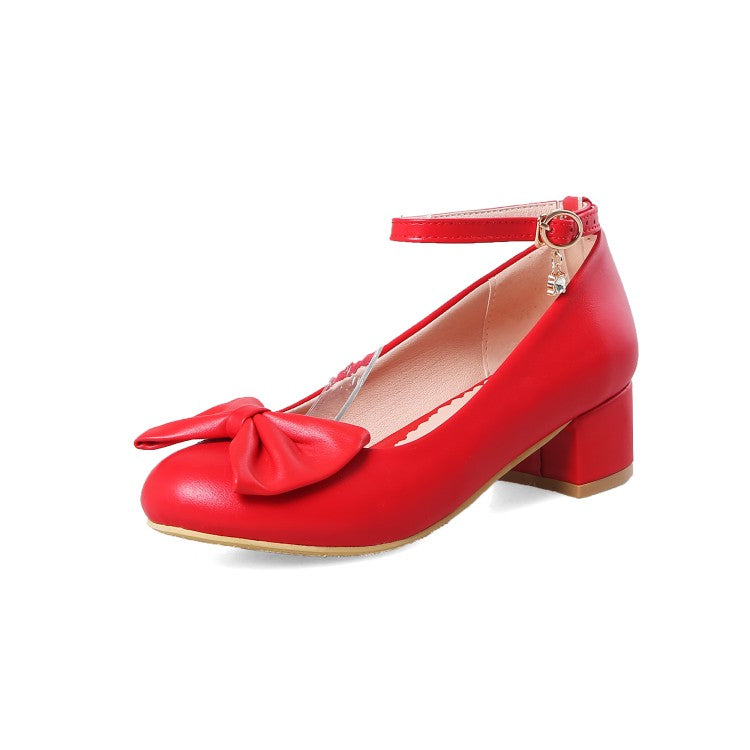 Bowtie Women Pumps Ankle Straps High Heels Thick Heeled Shoes Woman