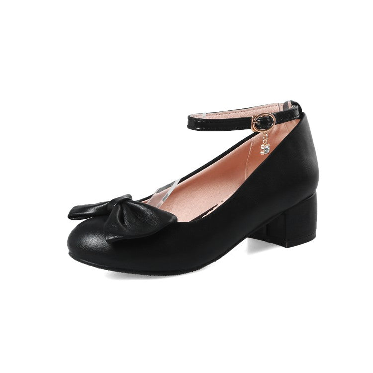 Bowtie Women Pumps Ankle Straps High Heels Thick Heeled Shoes Woman