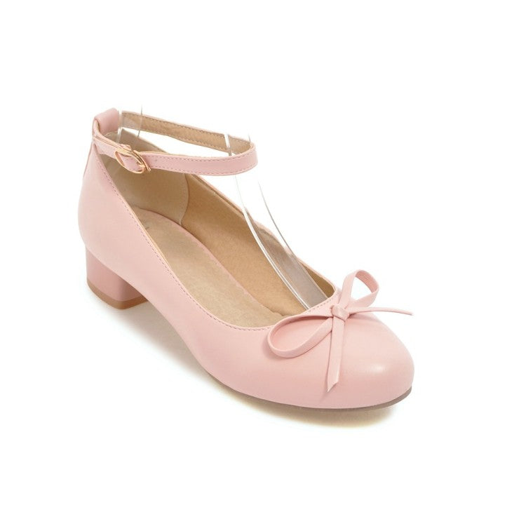 Women Ankle Strap Knot Chunky Heels Pumps Shoes