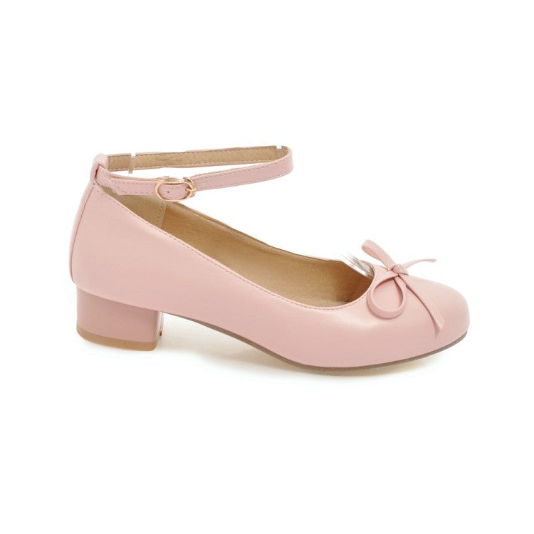 Women Ankle Strap Knot Chunky Heels Pumps Shoes