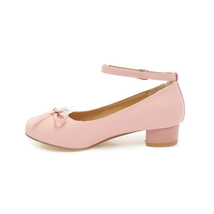 Women Ankle Strap Knot Chunky Heels Pumps Shoes