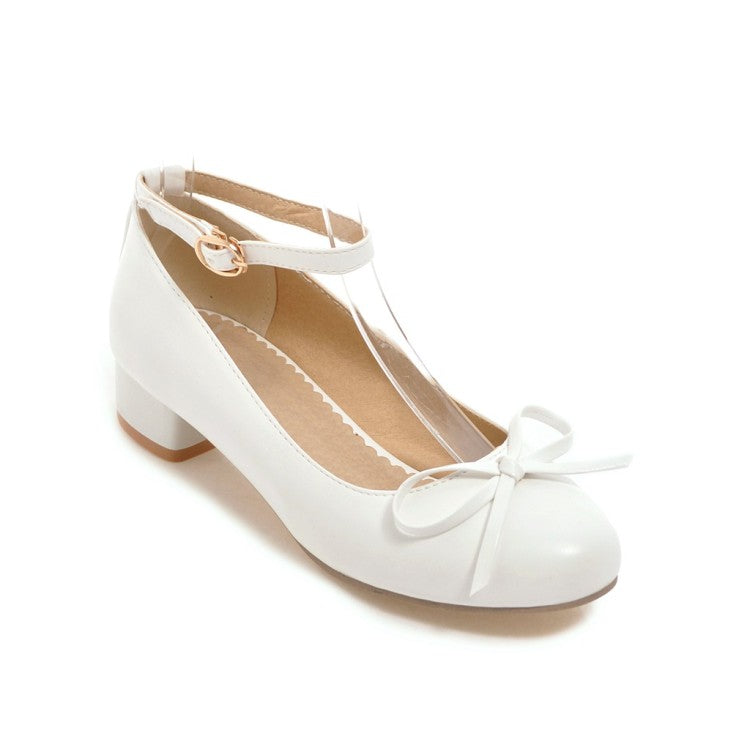 Women Ankle Strap Knot Chunky Heels Pumps Shoes