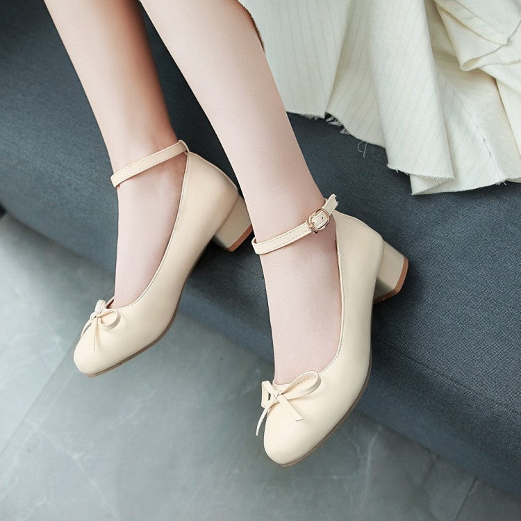 Women Ankle Strap Knot Chunky Heels Pumps Shoes