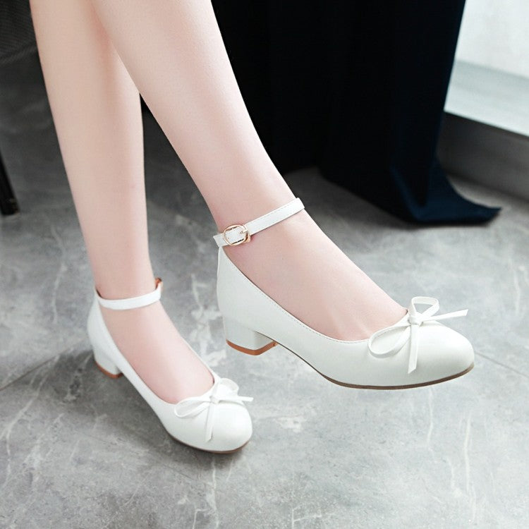 Women Ankle Strap Knot Chunky Heels Pumps Shoes