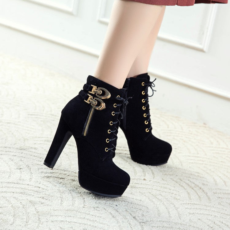 Women Zip Lace Up Platform High Heel Short Boots