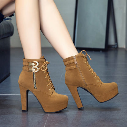 Women Zip Lace Up Platform High Heel Short Boots