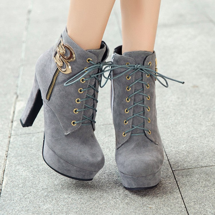 Women Zip Lace Up Platform High Heel Short Boots