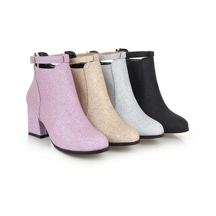 Women Round Toe Stitching Patchwork Block Heel Short Boots