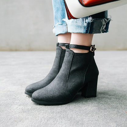 Women Round Toe Stitching Patchwork Block Heel Short Boots