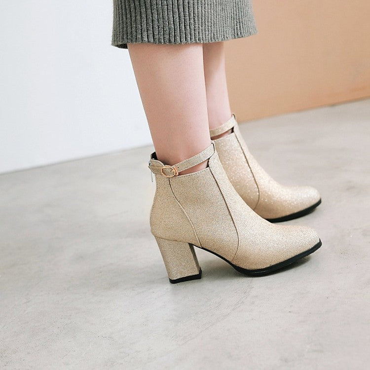 Women Round Toe Stitching Patchwork Block Heel Short Boots